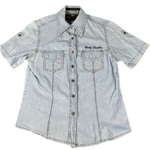 Harley Davidson Womens XS Denim Button Up Shirt Light Wash Biker Short Sleeve